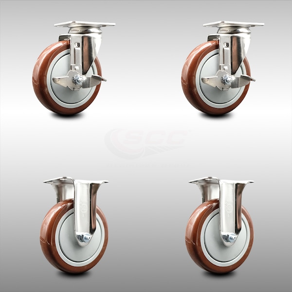 Service Caster 5 Inch 316SS Maroon Polyurethane Swivel Top Plate Caster Brake 2 Rigid SCC, 2PK SCC-SS31620S514-PPUB-MRN-TLB-2-R-2 - main